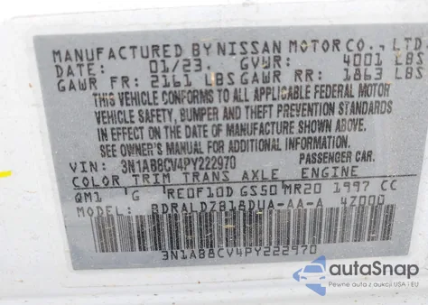 2023 Nissan Sentra Sv Xtronic Cvt z USA, uszkodzony, nr VIN 3N1AB8CV4PY222970